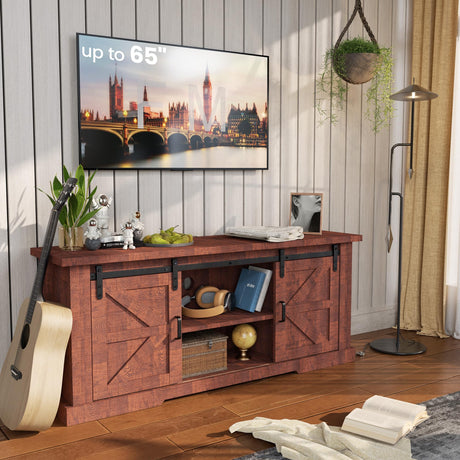 Farmhouse TV Stand for TVs up to 65+ Inch, Mid-Century Entertainment Center w/ Sliding Barn Doors and Storage Cabinets, Wood Rustic Media Console Table w/ Adjustable Shelf for Living Room, Barnwood YOUDENOVA