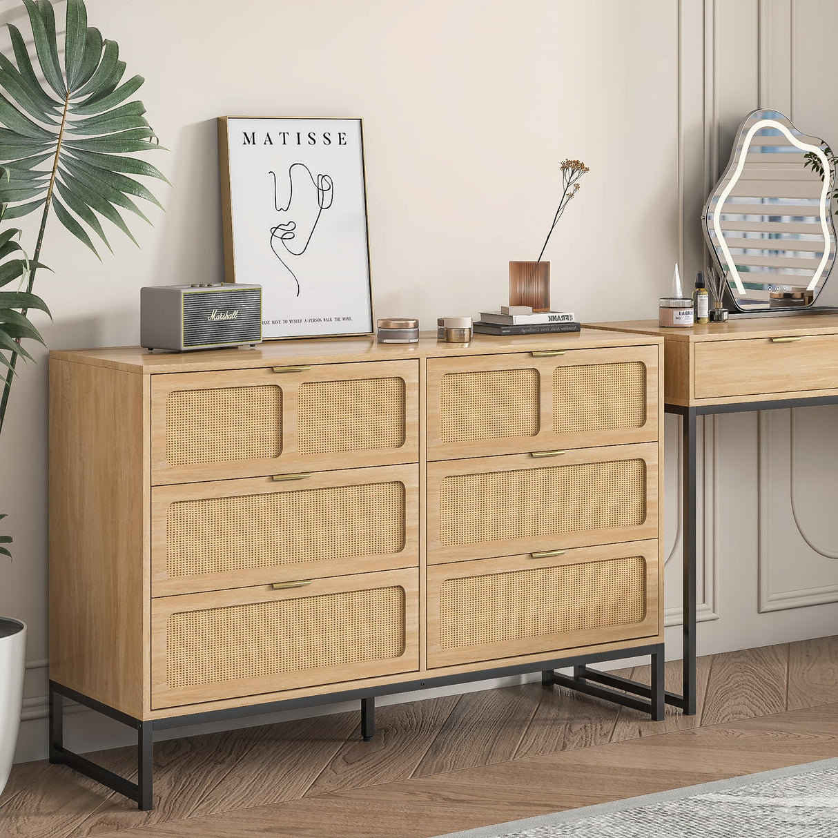 Rattan 6 Drawer Dresser Boho Dresser Chest of Drawers Farmhouse Oak 6 Double Drawer Dresser Cabinet with Wide Drawers Metal Legs Mid Century Modern Storage Dressers Chest for Bedroom, Living Room Furtivusia
