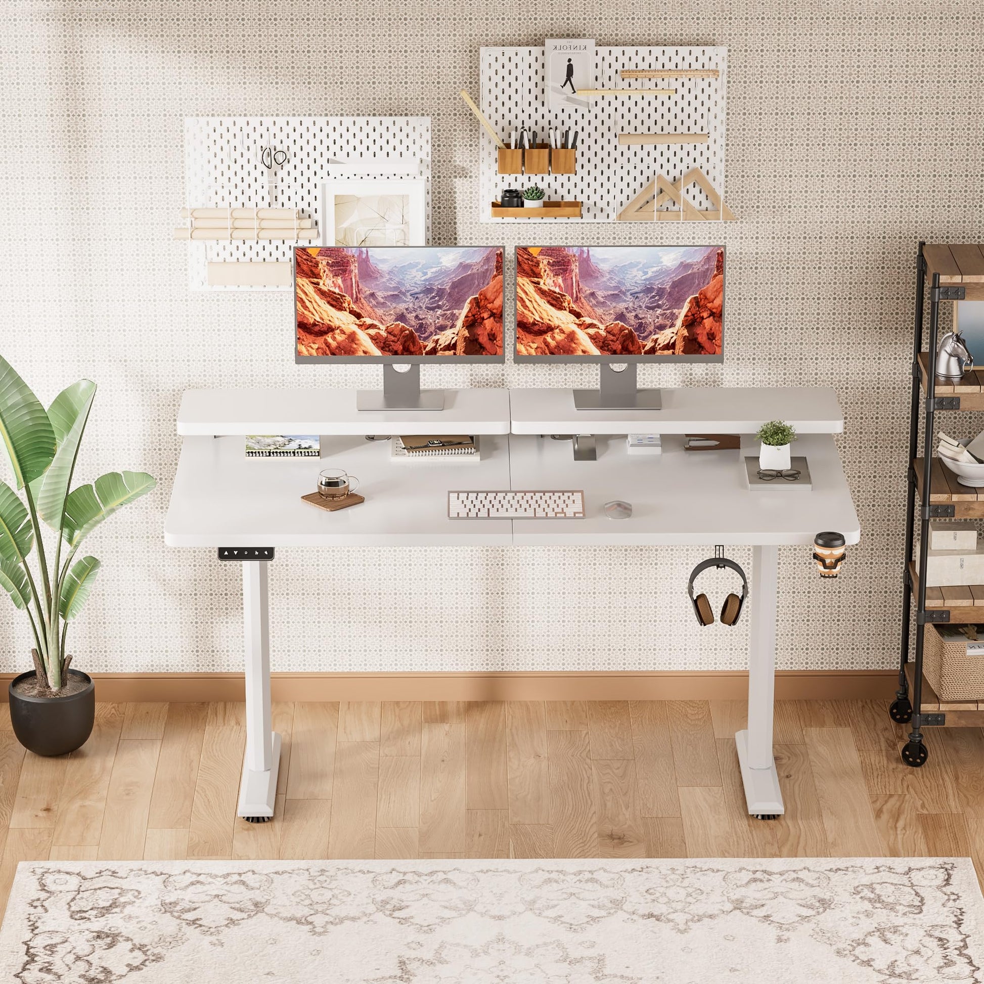 Shahoo Electric Standing Desk with Monitor Shelf, 55 x 24 Inches Height Adjustable Corner Table, Computer Workstation with Cup Holder and Hook for Home Office, White, 55x24 Inch - WoodArtSupply