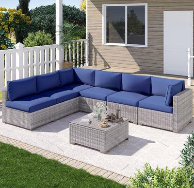 LOUVIXA 7 Piece Outdoor Patio Furniture Set, Outdoor Sectional Furniture, Rattan Chairs Glass Table Wicker Conversation Seating Sectional Sofa with Cushions (B-Grey White-Dark Blue, B-Straight Back)