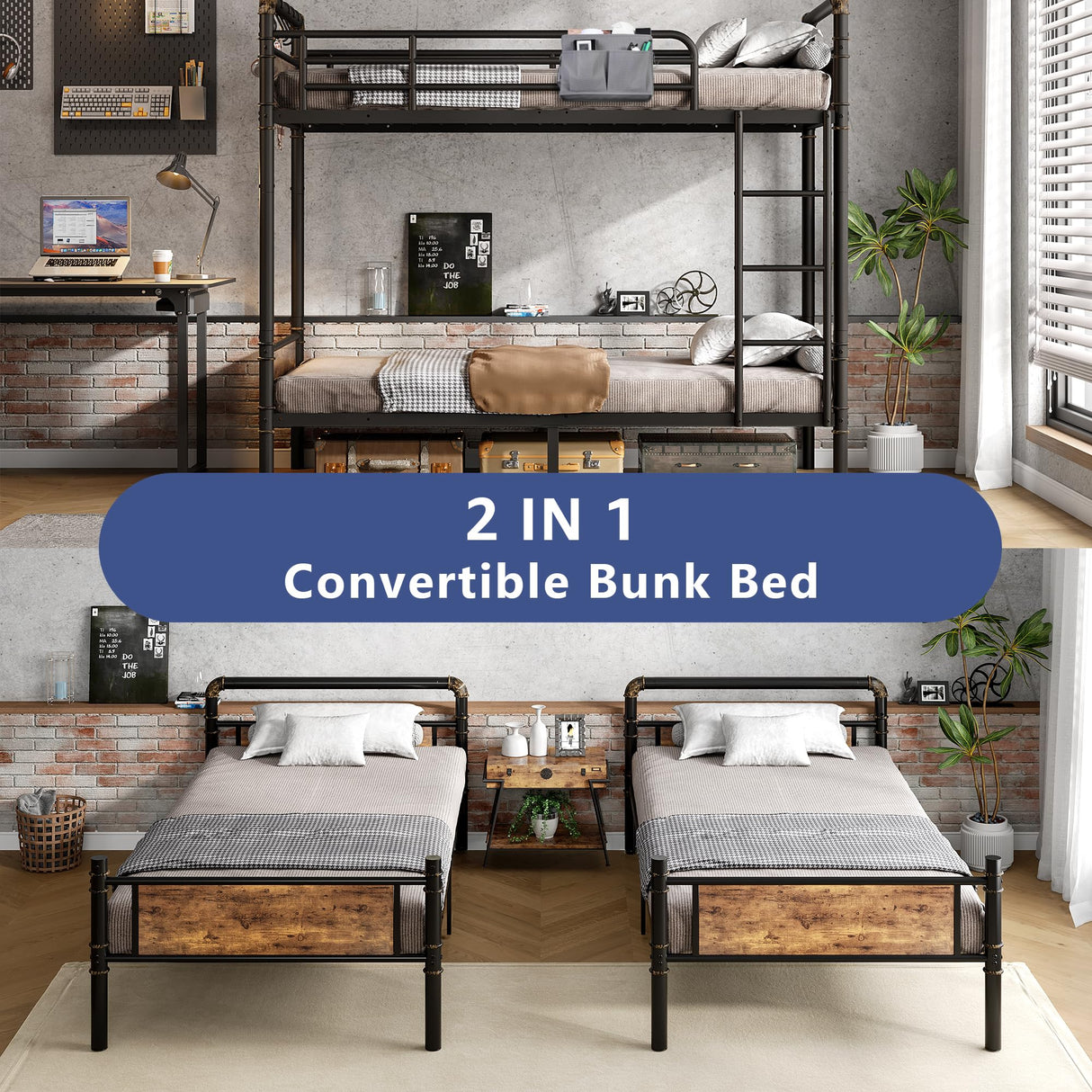 Bunk Bed Twin Over Twin, Heavy Duty Metal Bunkbeds with Ladder and Full-Length Guardrail, Convertible into 2 Individual Beds for Kids, Teens and Adults, Under-Bed Storage Space, Vintage Brown Jocoevol