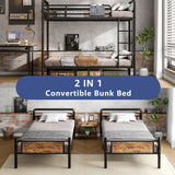 Bunk Bed Twin Over Twin, Heavy Duty Metal Bunkbeds with Ladder and Full-Length Guardrail, Convertible into 2 Individual Beds for Kids, Teens and Adults, Under-Bed Storage Space, Vintage Brown Jocoevol
