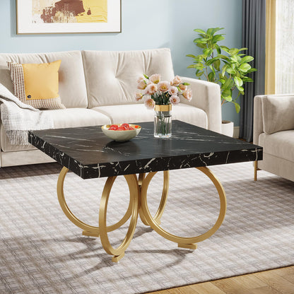 Tribesigns Square Coffee Table, 31.5 Inch Modern Black Cocktail Table with Gold Geometric Frame, Faux Marble Center Table Tea Table for Living Room, Simple Assembly (Black & Gold) - WoodArtSupply