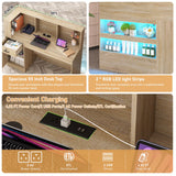 55" Reception Desk with LED Lights Power Outlets,L-Shaped Modern Front Desk Reception Room Table with Cable Grommet,Lockable Drawers,Retail Checkout Counter for Lobby,Salon,Home Office Desk,Oak Hlivelood