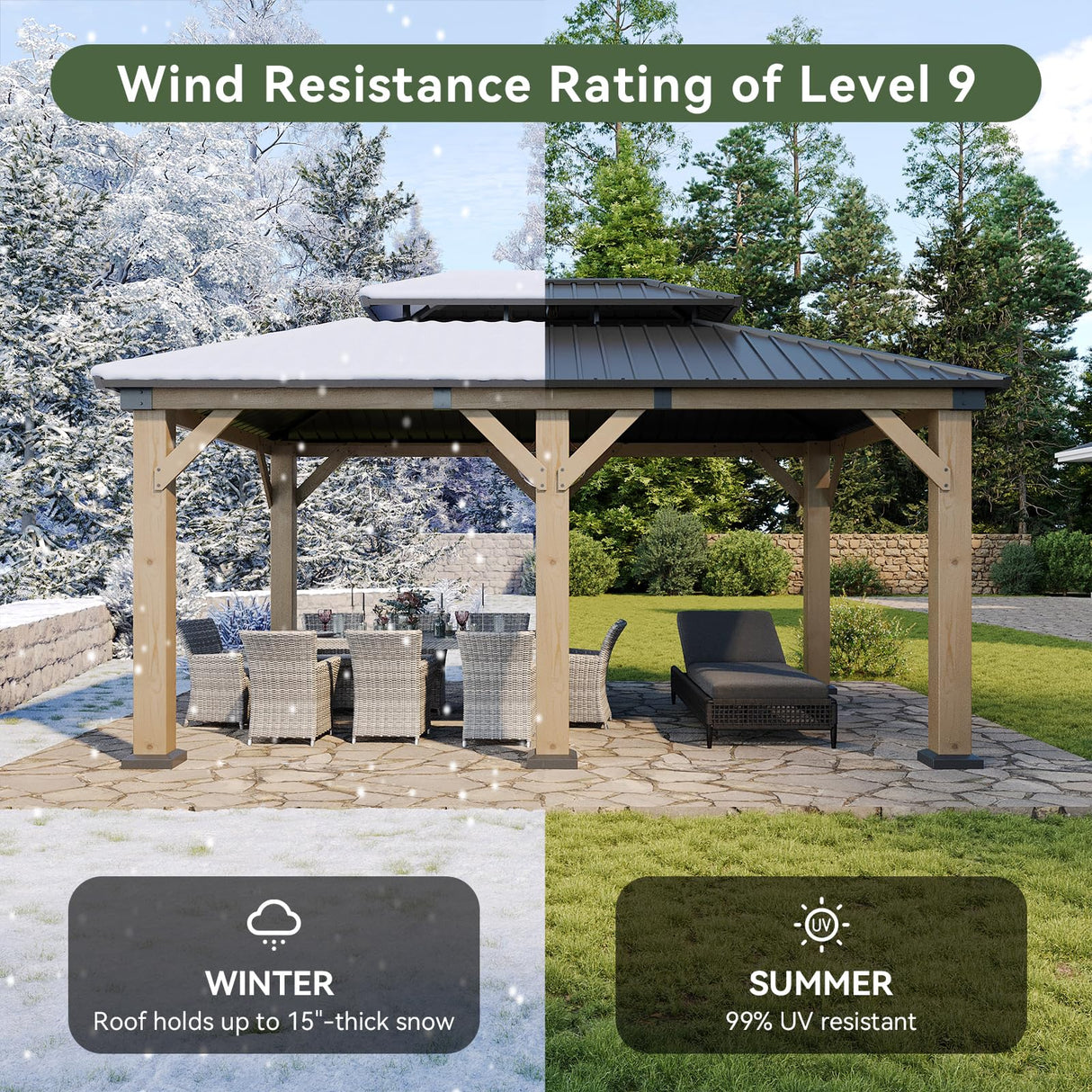 Aoxun 12' x 16' Outdoor Wood Gazebo, Hardtop Gazebo Permanent Wooden Pavilion with Galvanized Steel Double Roof, for Patio, Garden, Backyard, Cedar Wood Aoxun