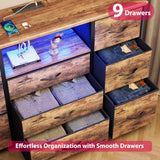 Yenlure Rustic Brown Dresser for Bedroom Dresser with Charging Station and LED Lights, Western Dresser TV Stand with Drawers, Chest of Drawers for Bedroom, Dorm, Closet, Living Room Yenlure