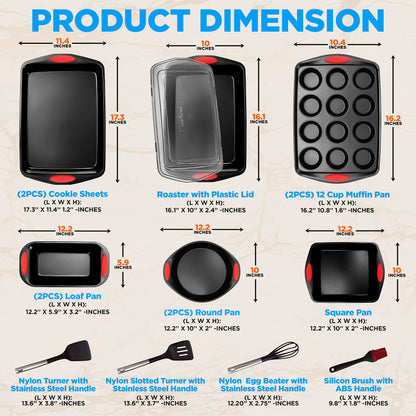 NutriChef 15-Piece Baking Pan Set - Flexible Nonstick Coating Carbon Steel Bakeware - Professional Home Kitchen Bakeware with Stackable Cookie Sheet Trays and Red Silicone Handles (Black)