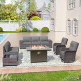 Kullavik 10 Pieces Outdoor Patio Furniture Set with 55000BTU Gas Propane Fire Pit Table,PE Wicker Rattan Sectional Sofa Patio Conversation Sets,Swivel Rocking Chairs Set,Grey Kullavik