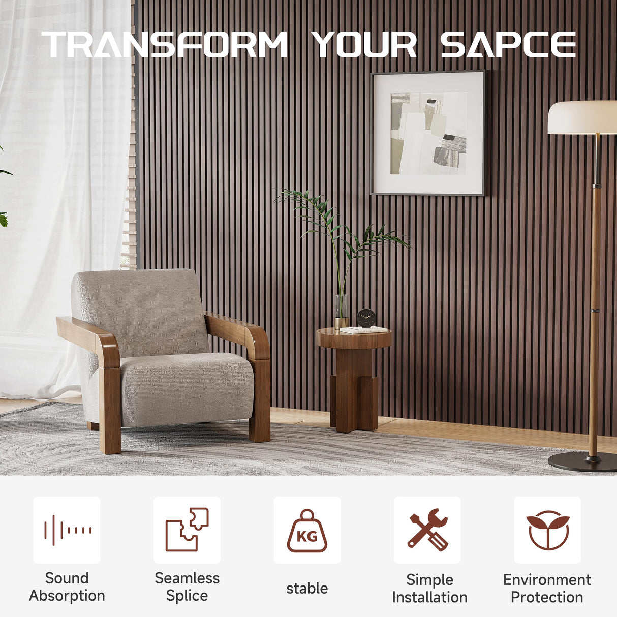 POHARE Wood Slat Wall Panels, 2 Pack 8 x 1 ft Decorative Wood Panels for Wall,Stylish Wall Panels for Interior Wall Decor, Modern Acoustic Wood Wall Panels with Felt Backing, Walnut POHARE