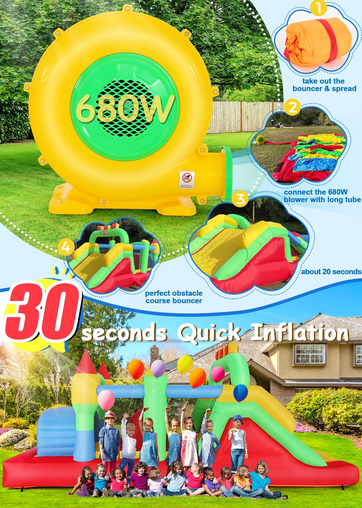 Whubefy Inflatable Bounce House Obstacle Course for Big Kids 3-6 8-12 with Large Slide, Racing Crawl Tunnels, Giant Bouncy Castle with 680W Blower for Backyard Outdoor 18.0x8.2x6.6 ft Whubefy