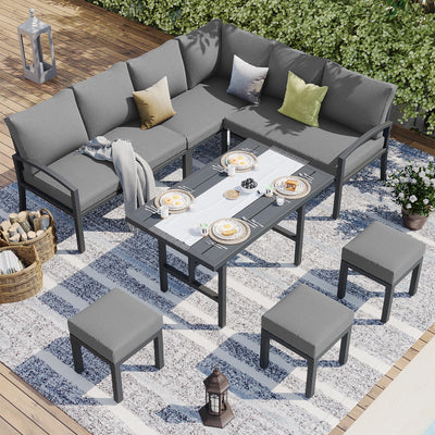 U-MAX Outdoor Patio Furniture Set, 7 Pieces Modern Metal Patio Furniture Set with Waterproof, Outdoor Dining Sofa Set with Table&Chair, Gray Cushions for Balcony, Porch, Lawn, Gray