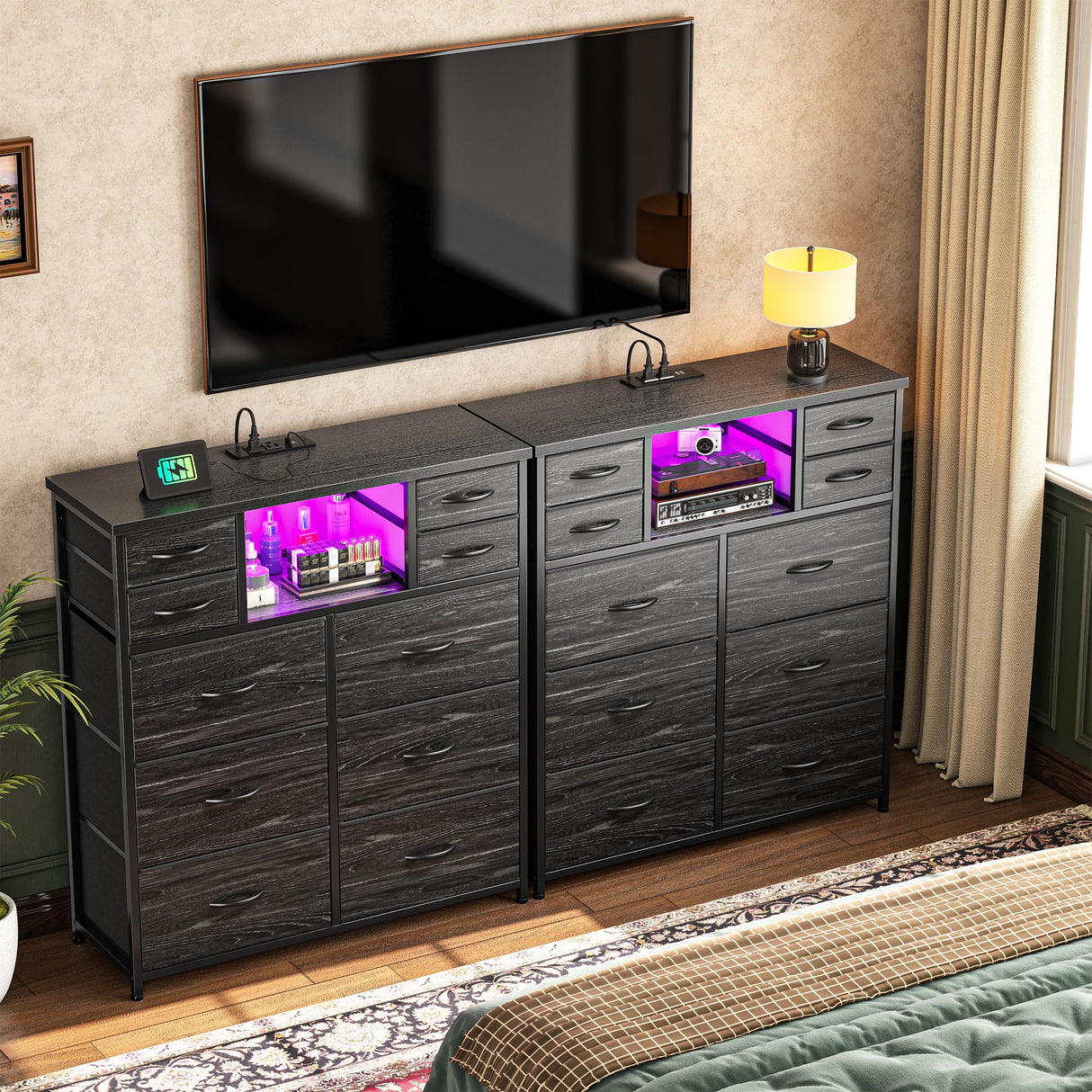 Romorgniz Dresser for Bedroom with 10 Drawers Featuring LED Light and Power Outlet, Fabric Dressers & Chest of Drawers with Open Shelves for Hallway, Living Room, Metal Frame,Wood Top,Grain Black Romorgniz