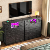 Romorgniz Dresser for Bedroom with 10 Drawers Featuring LED Light and Power Outlet, Fabric Dressers & Chest of Drawers with Open Shelves for Hallway, Living Room, Metal Frame,Wood Top,Grain Black Romorgniz
