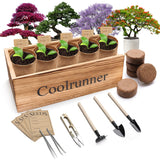 Bonsai Tree Kit, Wooden Bonsai Starter Kit, Coolrunner Bonsai Tree Starter Kit, Mini Bonsai Plant Growing Kit with Seeds Packets, Soil Discs, Jute Bags, Plant Markers, Gardening Tools etc (No Seeds) Coolrunner