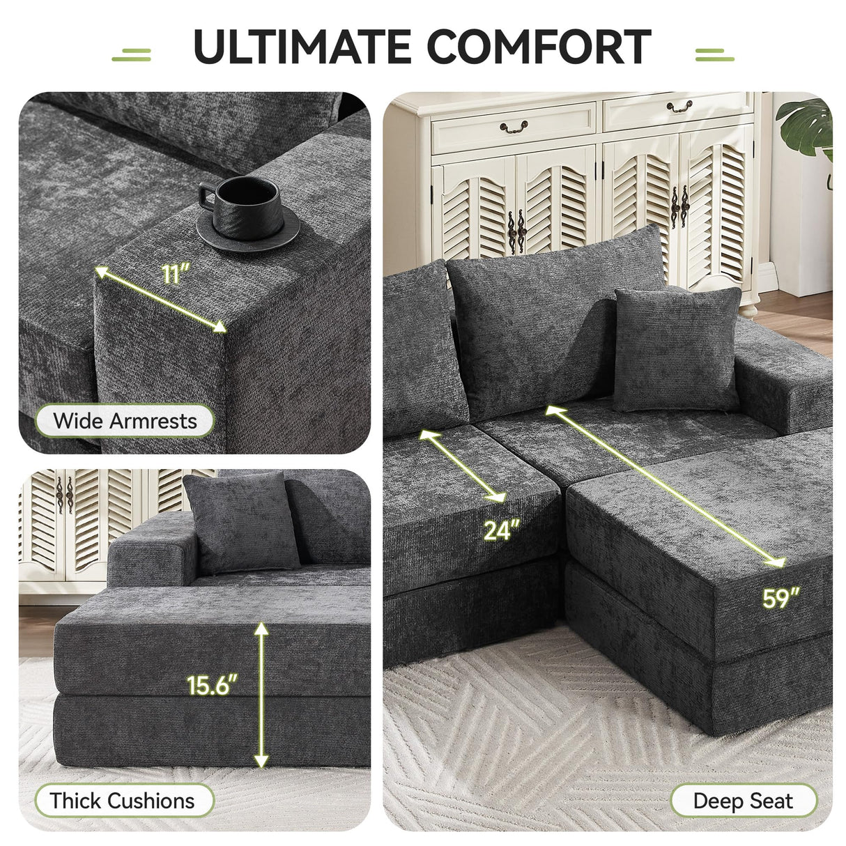 79" Boneless Cloud Loveseat Sofa Couch, Modular Foldable Floor Sofa with Ottoman, Chenille Lounge Convertible Sofa Bed for Living Room, No Assembly, Dark Grey Hatppto