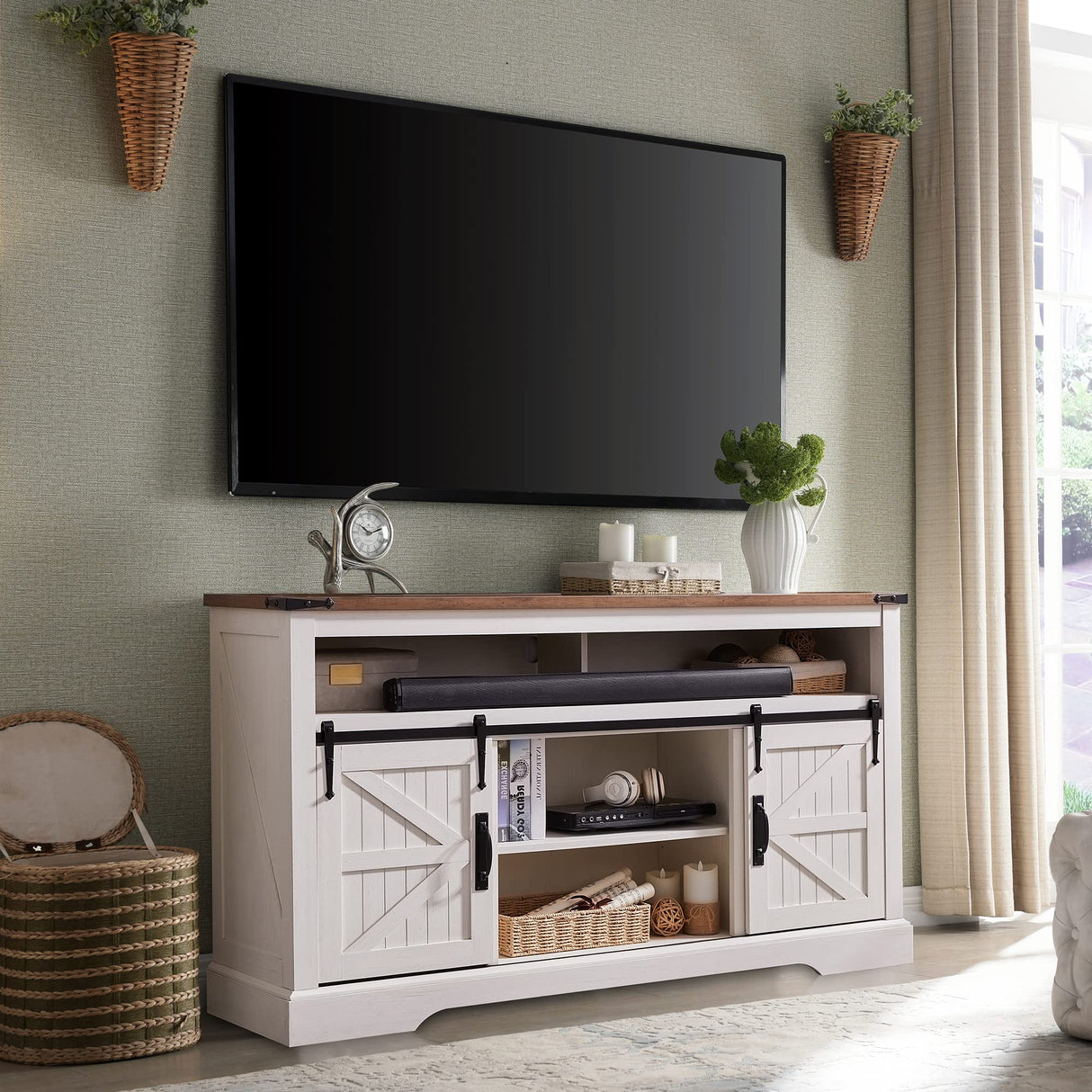 OKD Farmhouse TV Stand for 65+ Inch TV, 33" Tall Highboy Entertainment Center w/Sliding Barn Door, Rustic Media Console w/Storage Shelves, Wood Television Stand for Living Room, Antique White OKD