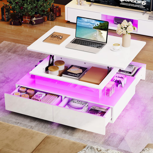 YITAHOME Lift Top Coffee Table, Coffee Table with Storages for Living Room, Rectangular Coffee Tables with 4 Spacious Drawers, Modern Coffee Table with LED Light, White - WoodArtSupply