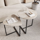 HOJINLINERO Round Coffee Table Set of 2 End Tables for Living Room,Black Small Coffee Table Living Room Table,Metal Frame & Wood Look,Sturdy and Easy Assembly,Stacking Side Tables Bedroom,White HOJINLINERO