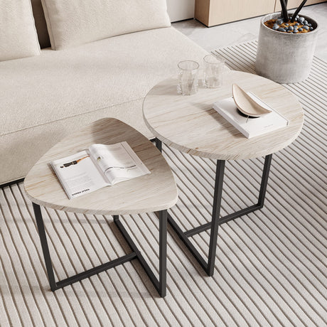 HOJINLINERO Round Coffee Table Set of 2 End Tables for Living Room,Black Small Coffee Table Living Room Table,Metal Frame & Wood Look,Sturdy and Easy Assembly,Stacking Side Tables Bedroom,White HOJINLINERO