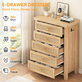 Natural Rattan Dresser for Bedroom with 5 Drawers, Wood Boho Chest of Drawers with Gold Metal Handle, Matte Top Bedroom Tall Dresser with Large Drawers for Living Room, Closet, Hallway, (Nartual Oak) Jocoevol