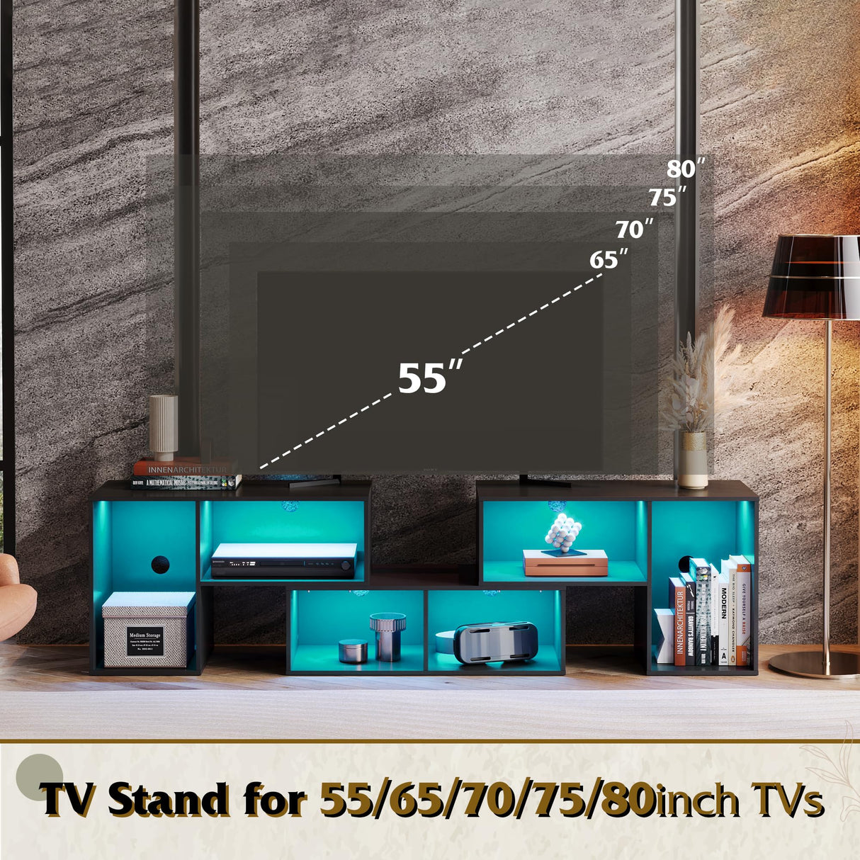 WLIVE TV Stand, Deformable TV Stand with LED Strip, Modern Entertainment Center, Gaming Media 3 Pieces Console Cabinet for Living Room, Bedroom, Black WLIVE