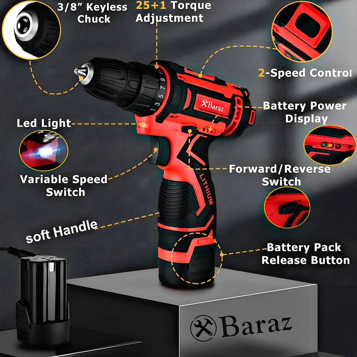 Tool set with 18v cordless drill (2 battery), 126 pieces professional home tool combo Kit. Cordless power Drill and Toolbox set for Household, Homeowners, office, garden, house repair and maintenance. Baraz