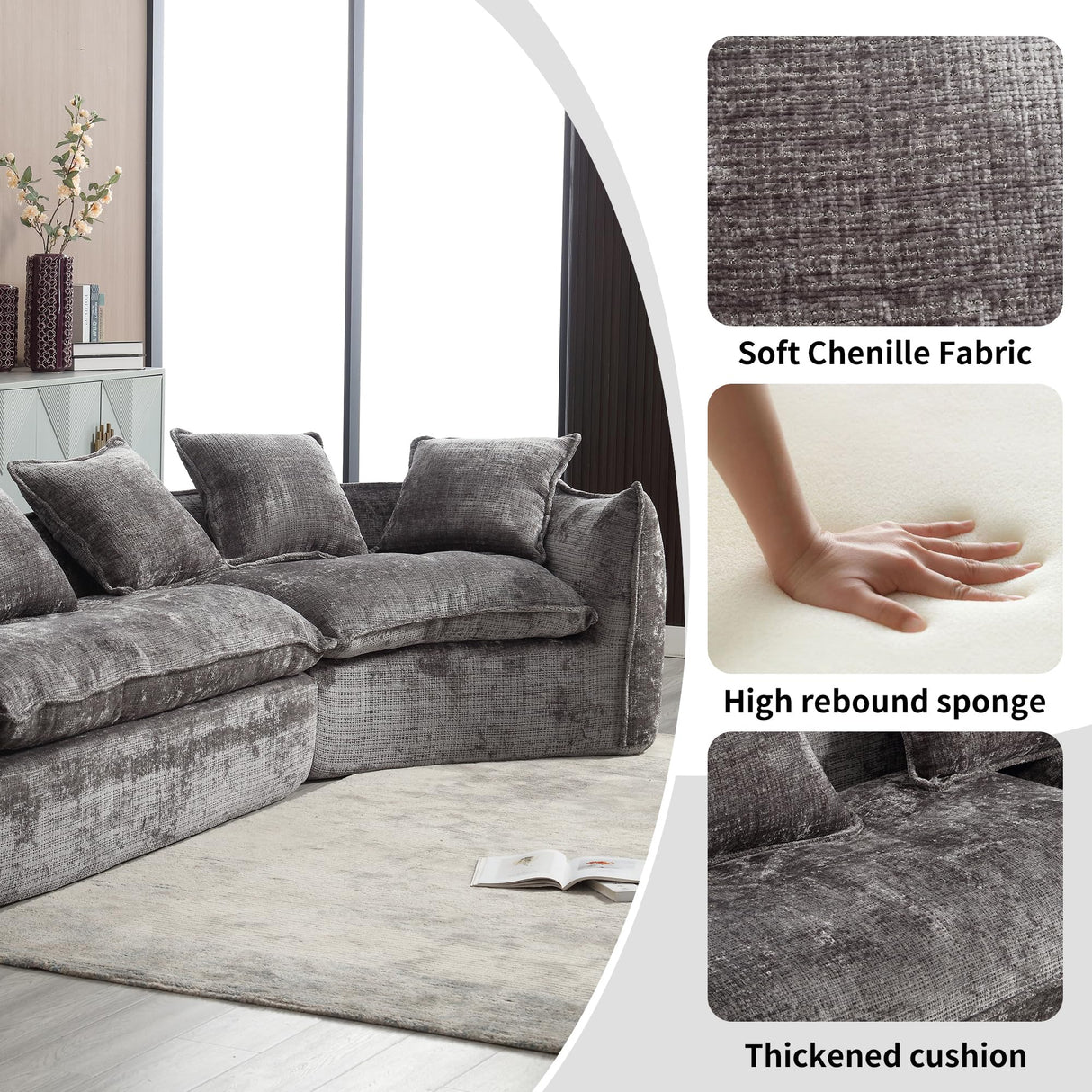 SmartEdge 125'' Modular Curved Sofa Couch, Chenille Deep Seat Sofa with 5 Pillows, Comfy 5 Seat Sofa Cloud Couch, Modular Sectional Sofa for Living Room Apartment Office, Grey SmartEdge