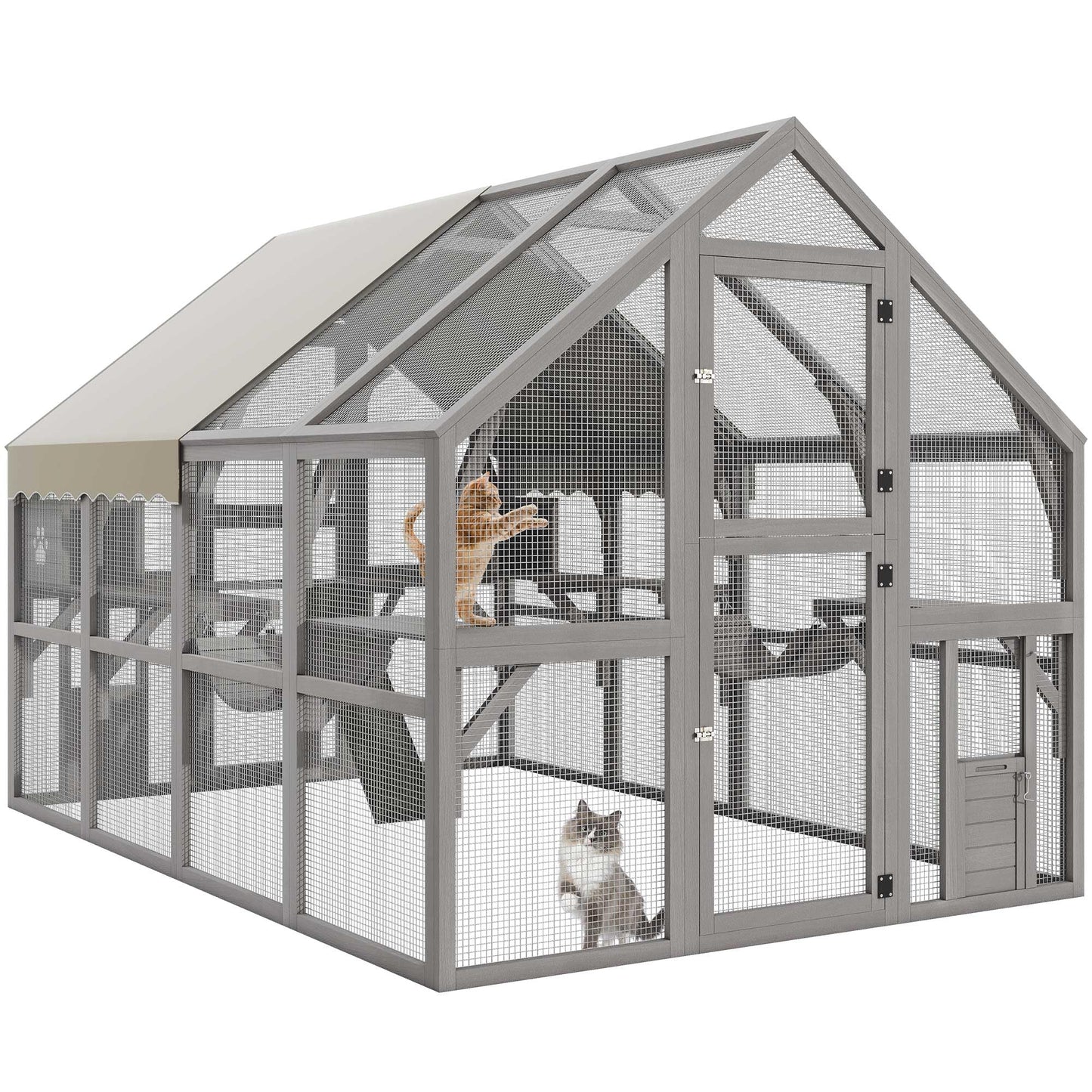 DWVO Extra Large Catio Outdoor Cat Enclosure, 110 inch Outside Cattery with Weatherproof Roof, Cat Scratcher Ramp, Cat Space Capsule Bed, 2 Bridges, 2 Resting Houses, 7 Platforms - WoodArtSupply