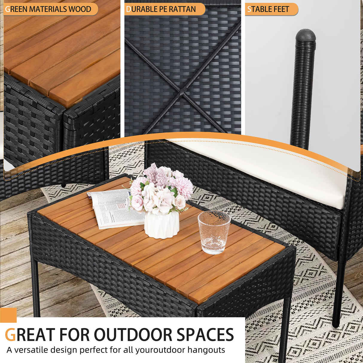 Shintenchi 4-Piece Patio Furniture Set, Outdoor Wicker Patio Conversation Furniture Set with Cushions and Wooden Tabletop for Paito Lawn Backyard, White Cushion Shintenchi