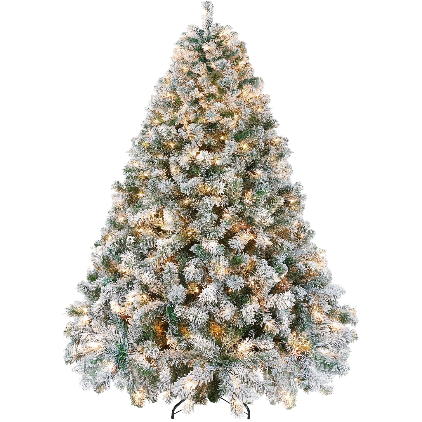 Yaheetech 7.5ft Pre-lit Artificial Christmas Tree W/Incandescent Warm White Lights, Snow Flocked Full Prelighted Xmas Tree W/1284 Branch Tips, 550 Incandescent Lights & Foldable Stand, Green & White