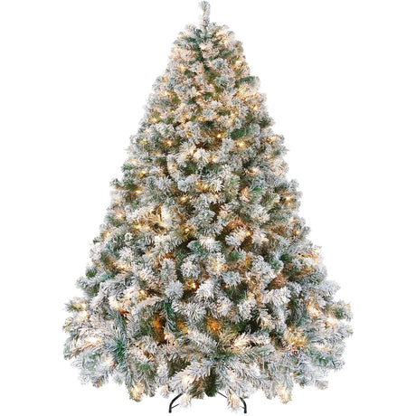 Yaheetech 7.5ft Pre-lit Artificial Christmas Tree W/Incandescent Warm White Lights, Snow Flocked Full Prelighted Xmas Tree W/1284 Branch Tips, 550 Incandescent Lights & Foldable Stand, Green & White Yaheetech
