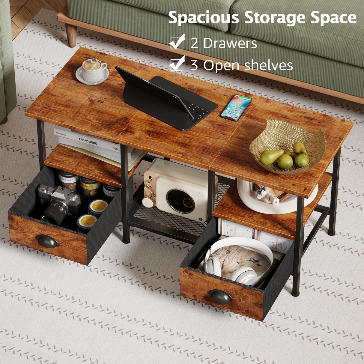 Furologee 35" Coffee Table with 2 Storage Drawers, Small Coffee Tables for Living Room, Industrial Center Table with 2 Tier Storage Shelf, Rustic Brown Furologee