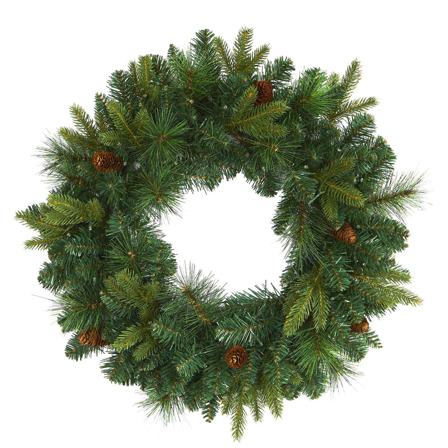 Nearly Natural 24in. Mixed Pine Artificial Christmas Wreath with 35 Clear LED Lights and Pinecones