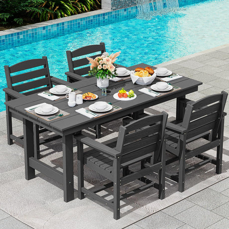 SERWALL Patio Dining Table Sets 5-Piece, Outdoor HDPE Dining Furniture Set with Umbrella Hole Cut-Out Table and 4 Chairs, All Weather Dining Set for Lawn, Garden, Backyard, Poolside, Black SERWALL