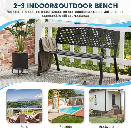 VOXBIN Outdoor Bench, 50 inches Metal Garden Bench, Cast Iron Steel Frame Patio Chairs w/Twist Circle Pattern Backrest for Park, Yard, Porch, Lawn, Balcony, Backyard, Black VOXBIN