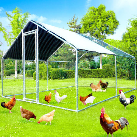 Large Metal Chicken Coops 12.8Lx9.84Wx6.6H FT for 8/10/16 Chickens with Run, Walk in Chicken Run Chicken Pen with Cover and Feeding Door, Spire Poultry Cage Hen House Runs for Yard with Cover 797Audio