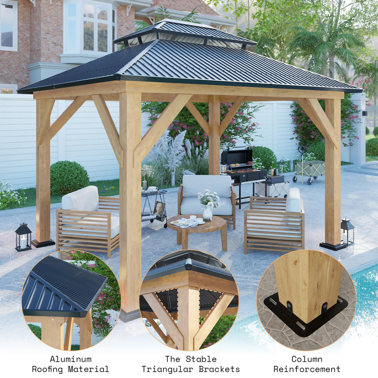 AMERLIFE 10x12 Wood Gazebo, Hardtop Gazebo with Aluminum Double Roof, Outdoor Gazebo with Wood Frame for Parties, Backyard, Lawns, Patio, Black + Natural Wood AMERLIFE