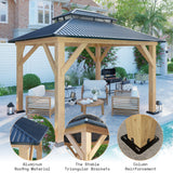AMERLIFE 10x12 Wood Gazebo, Hardtop Gazebo with Aluminum Double Roof, Outdoor Gazebo with Wood Frame for Parties, Backyard, Lawns, Patio, Black + Natural Wood AMERLIFE