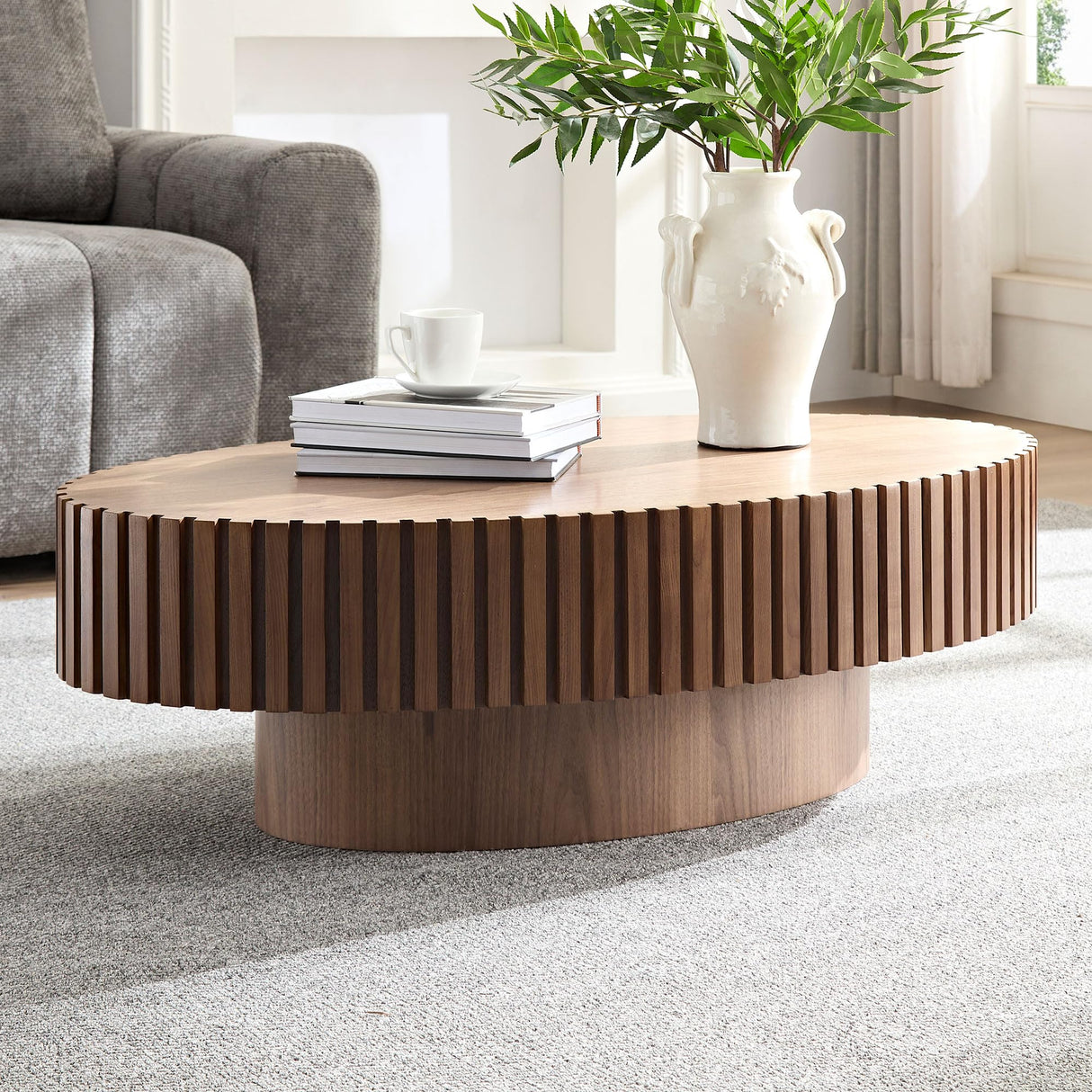 Kevinplus Walnut Oval Coffee Table - Modern Wood Coffee Table for Living Room, Contemporary Circle Fluted Drum Design, Easy Assembly (43.7'' x 24.8'' x 13.38'') kevinplus