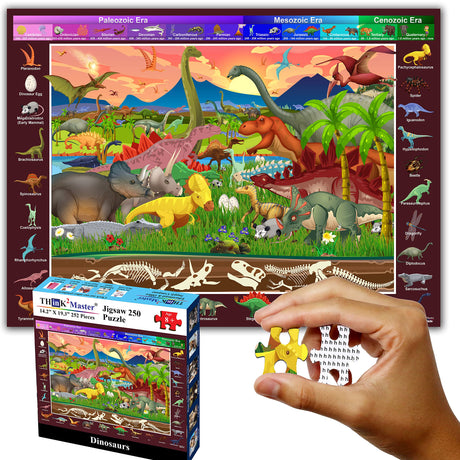 Think2Master Colorful Dinosaurs 250 Pieces Jigsaw Puzzle Fun Educational Toy for Kids, School & Families. Great Gift for Boys & Girls Ages 8+ to Stimulate Learning. Size: 14.2” X 19.3”” THINK2MASTER