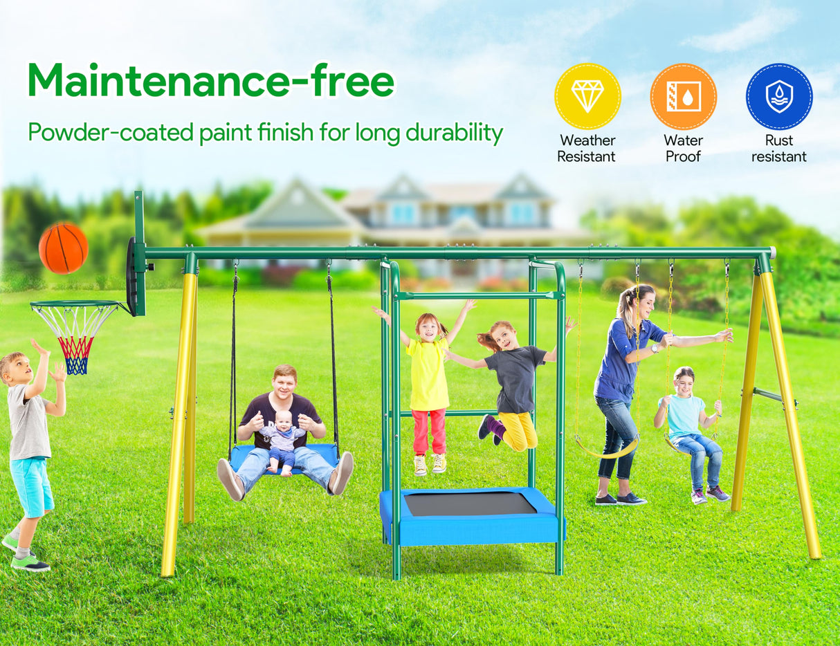 Vibemo Swing Sets for Backyard, 5-in-1 Outdoor Swing Set, 660 lbs Heavy Duty Extra Large Metal Kids Swing Sets with Trampoline, Platform Swing, 2 Swings and Basketball Hoop Vibemo