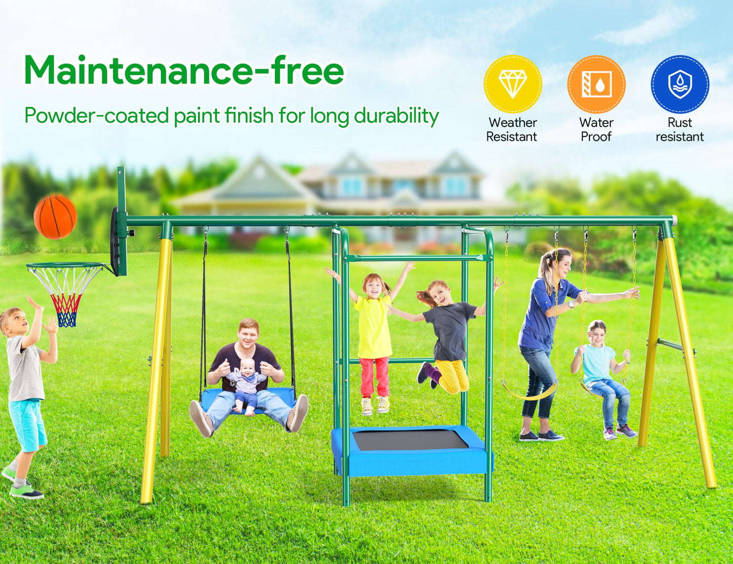 Vibemo Swing Sets for Backyard, 5-in-1 Outdoor Swing Set, 660 lbs Heavy Duty Extra Large Metal Kids Swing Sets with Trampoline, Platform Swing, 2 Swings and Basketball Hoop - WoodArtSupply