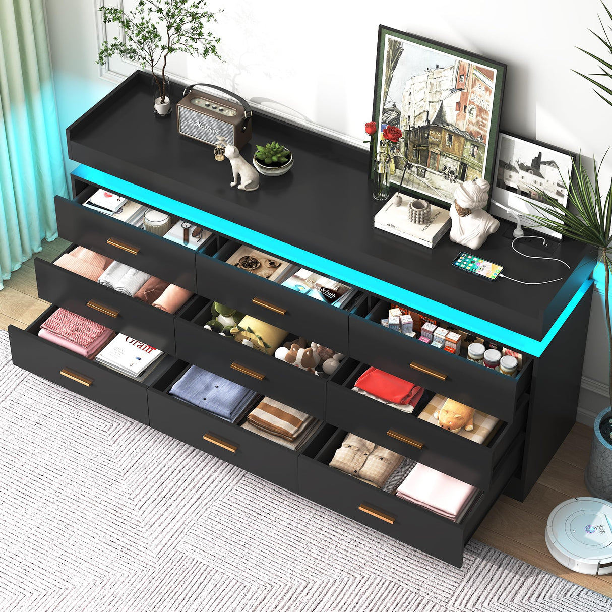 jiteentarou Drawer Dresser with Charging Station and LED Lights, Modern Chest of Drawers with Power Outlet, Organizer Cabinet for Bedroom, Living Room, Entryway(Black) jiteentarou