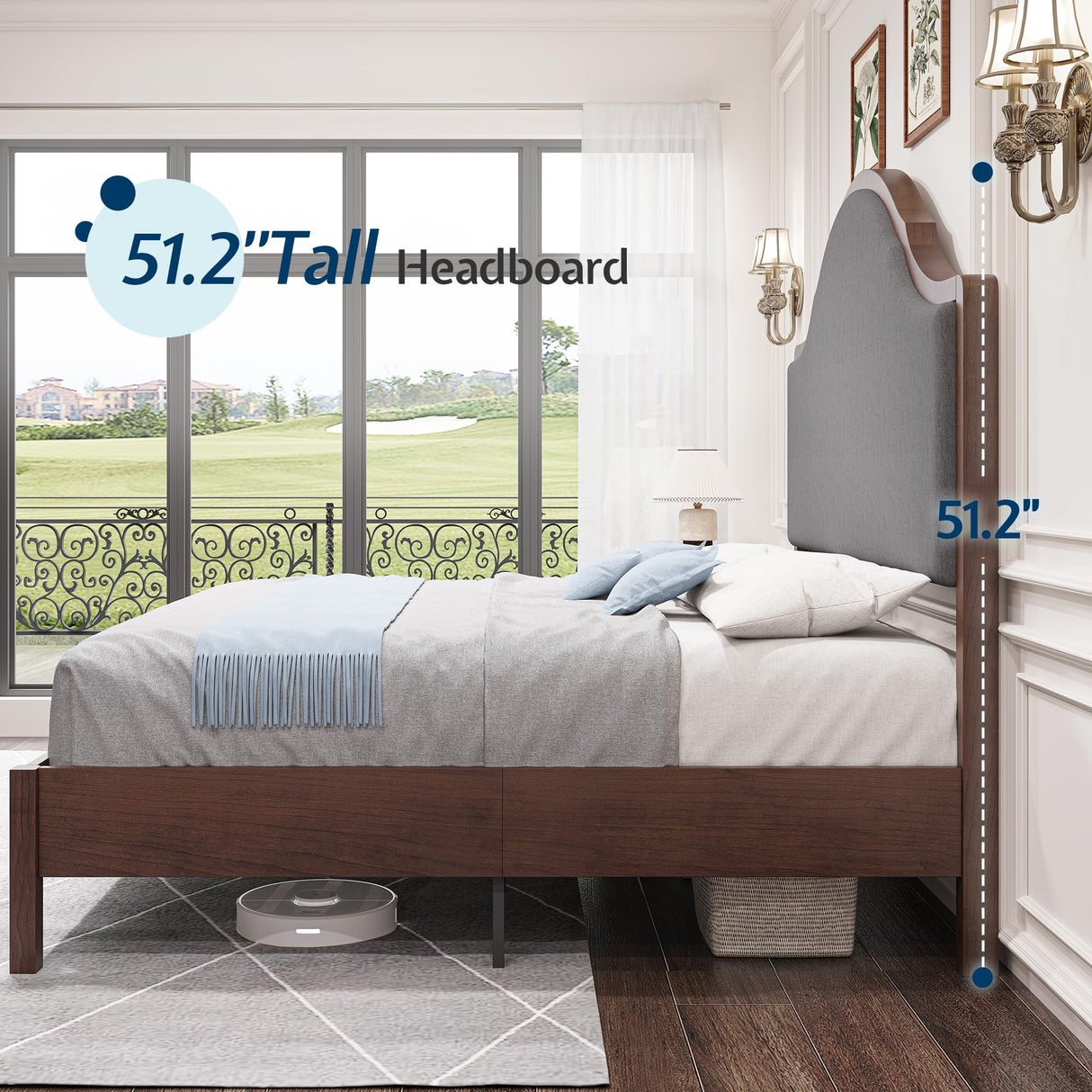 Jocisland Wood Queen Size Bed Frame with Tall Upholstered Curved Headboard, Solid Wood Platform, No Box Spring Needed, Wood Slat Support, Brown Jocisland