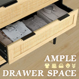 LAZZO Rattan 3 Drawer Wood Dresser Boho Large Storage Cabinet Nightstand Chest for Bedroom Mid Century Modern Chest of Drawers Wide Closet Dresser Storage Organizer LAZZO