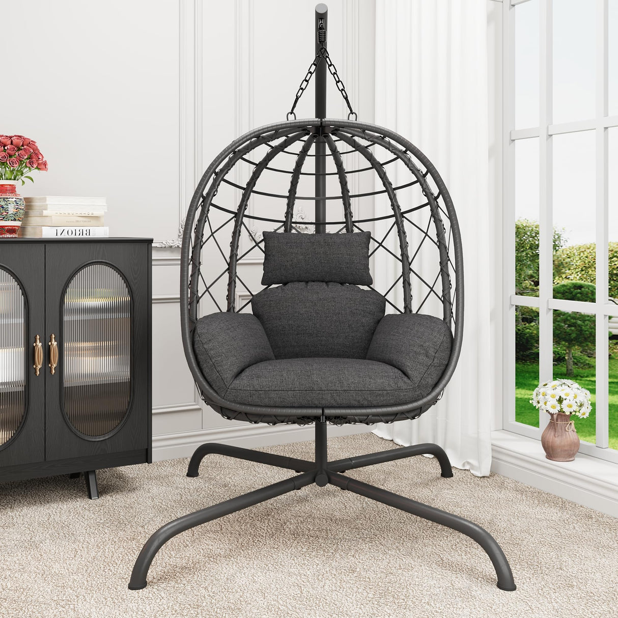 Hanging Egg Chair with Stand Patio Wicker Rattan Swing Chair Hammock Egg Chair for Indoor & Outdoor 400lbs Capacity with Thickened Cushion for Bedroom Balcony Garden TQKVIPI