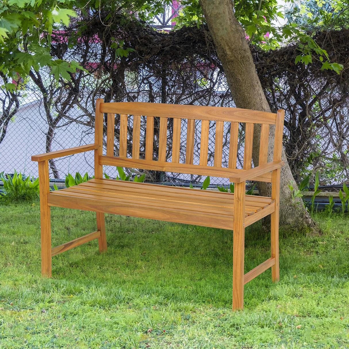 Tangkula 2-Person Outdoor Acacia Wood Garden Bench with Backrest and Armrests Tangkula