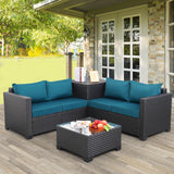 WAROOM Outdoor PE Wicker Patio Furniture Set 4 Piece Black Rattan Sectional Sofa Loveseat Couch Conversation Set with Storage Box Glass Top Table and Anti-Slip Peacock Blue Cushion WAROOM