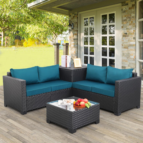 WAROOM Outdoor PE Wicker Patio Furniture Set 4 Piece Black Rattan Sectional Sofa Loveseat Couch Conversation Set with Storage Box Glass Top Table and Anti-Slip Peacock Blue Cushion WAROOM