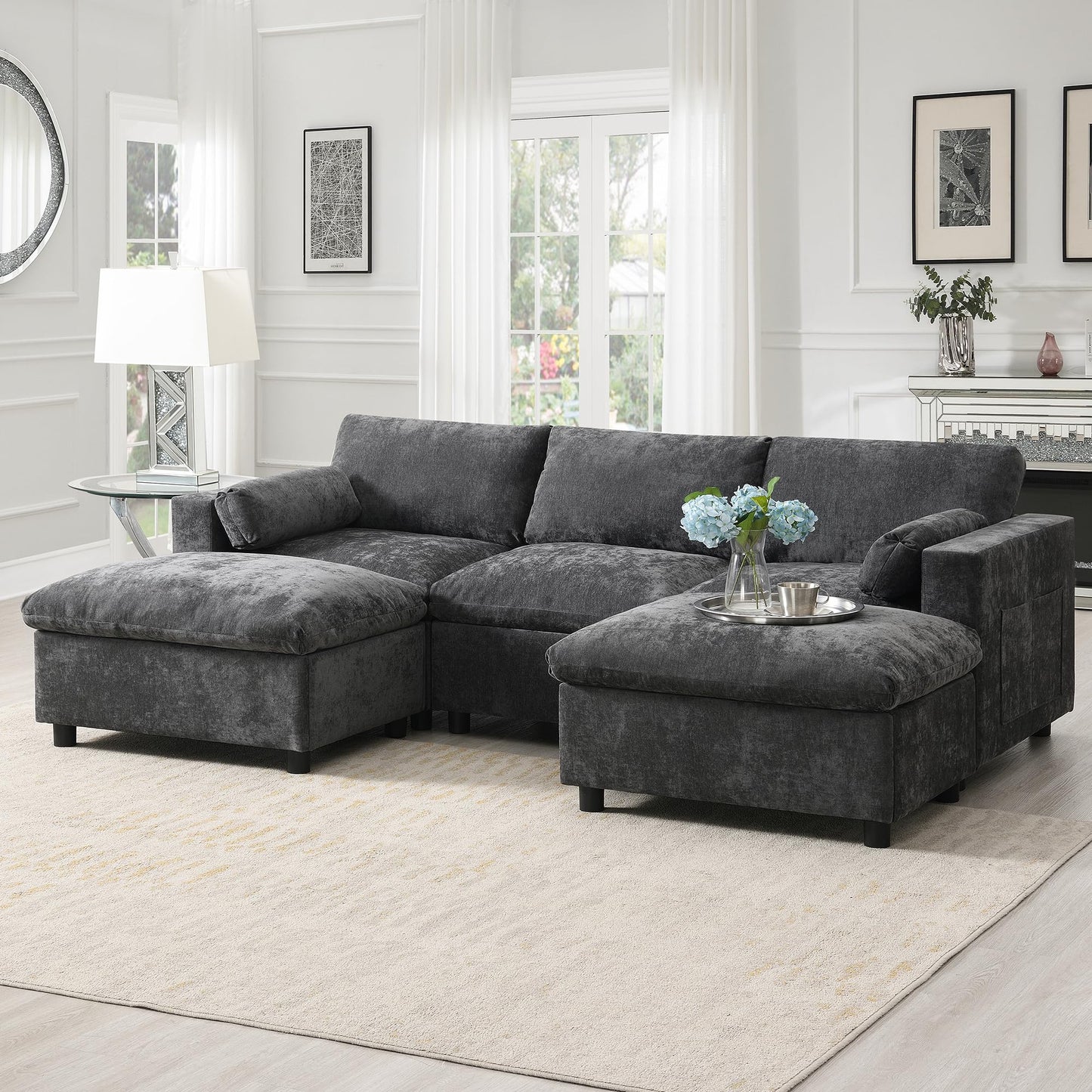 Merax 86.5" Sectional Sofa with Storage Pockets & Removable Ottomans, 5 Seat U Shaped Sleeper Cloud Couch Set, Convertible L-Shaped Chenille Upholstered SofaBed for Living Room and Apartment, Black